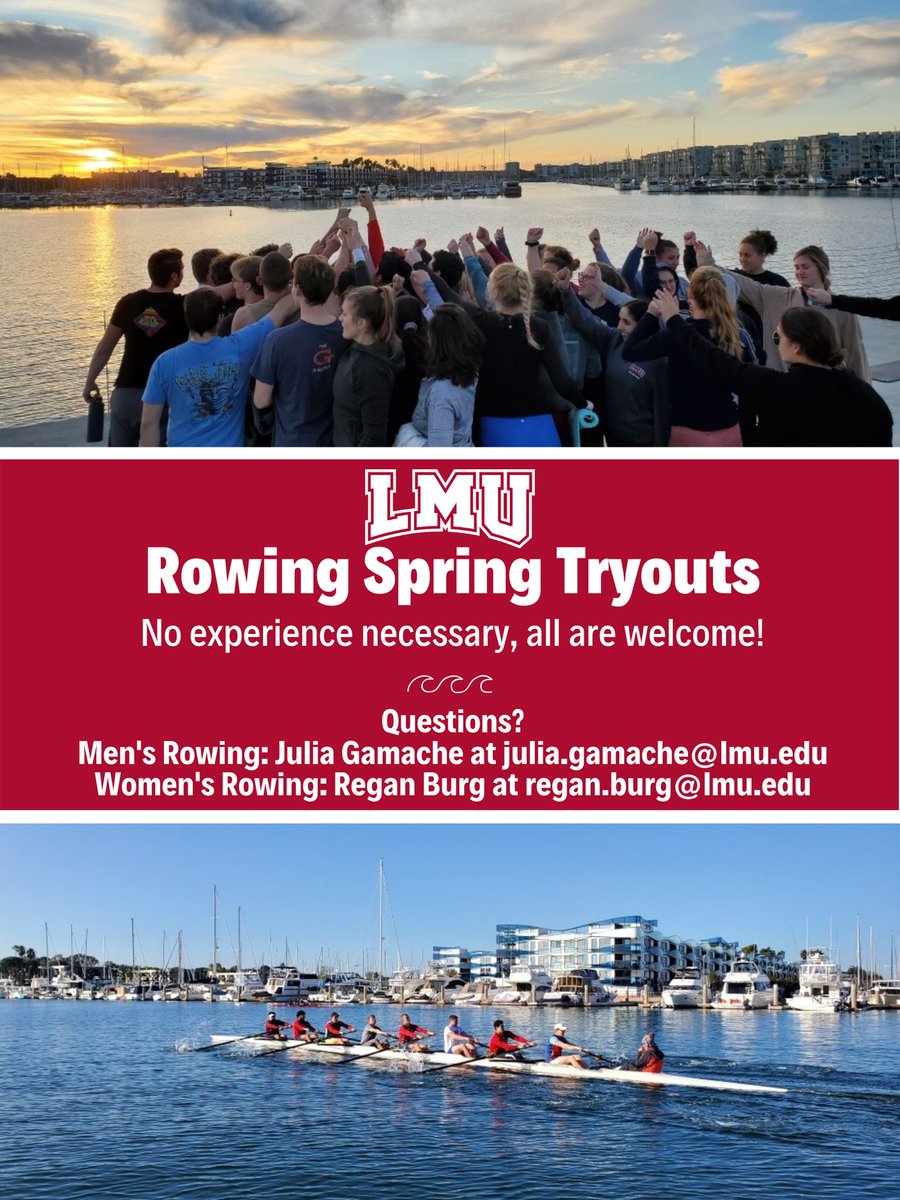 lmulionsRowing's tweet photo. Interested in rowing?!  #LMU men's and women's rowing are recruiting anyone interested for spring tryouts!  No experience necessary!  Reach out to Coach Julia and Coach Regan to find out more information! #GoLions #JoinThePride 🦁 https://t.co/p9jrHO1rc2