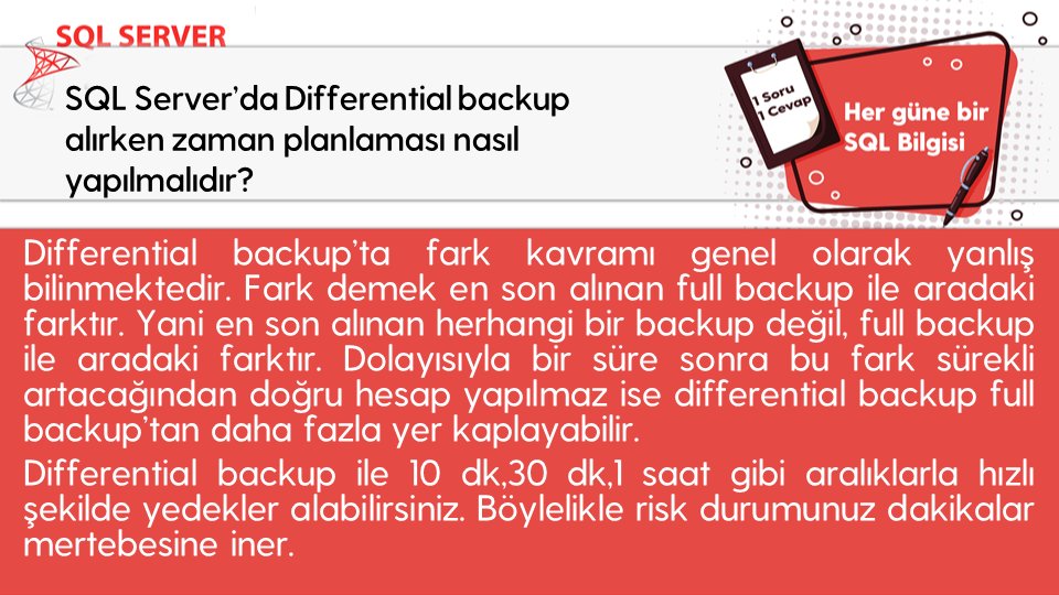 omer_colakoglu's tweet image. Differential backup alırken zaman planlaması nasıl yapılmalıdır?

#hergüne1sqlbilgisi #backup #differentialbackup #fullbackup #sqlyedekleme #sqlyedek #fullyedek
#sqladministration #dbManagement #veritabanıYönetimi #sqlperformance  #sqlmemory
#ocolakoglu #udemysql #tsql #sql