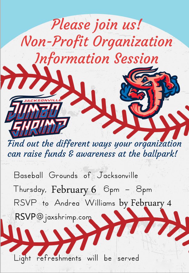 JaxShrimp's tweet photo. Join the Jacksonville Jumbo Shrimp for info on how your organization can raise funds at the ballpark! Please email Andrea Williams at andrea@jaxshrimp.com with any questions! 

This event fills up quickly, please RSVP at rsvp@jaxshrimp.com. There will be limited seating. https://t.co/nzKrFc5qpx