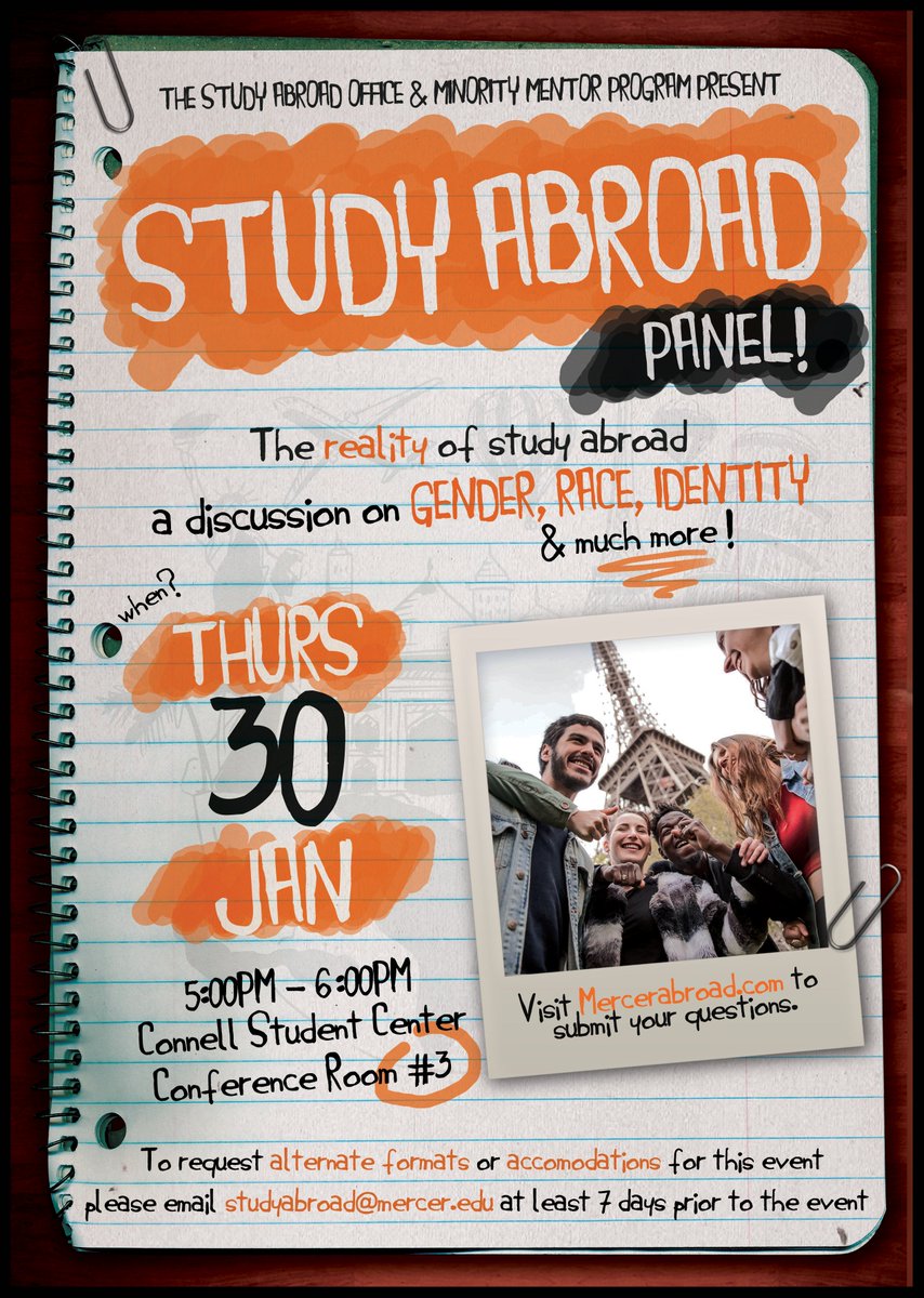 MercerAbroad's tweet photo. Come check out our study abroad panel on Thursday, January 30th! The reality of study abroad: a discussion on gender, race, identity, & much more!
#mercerabroad #diversity #studyabroad #merceryou #merceruniversity https://t.co/oj4xzlx6pO