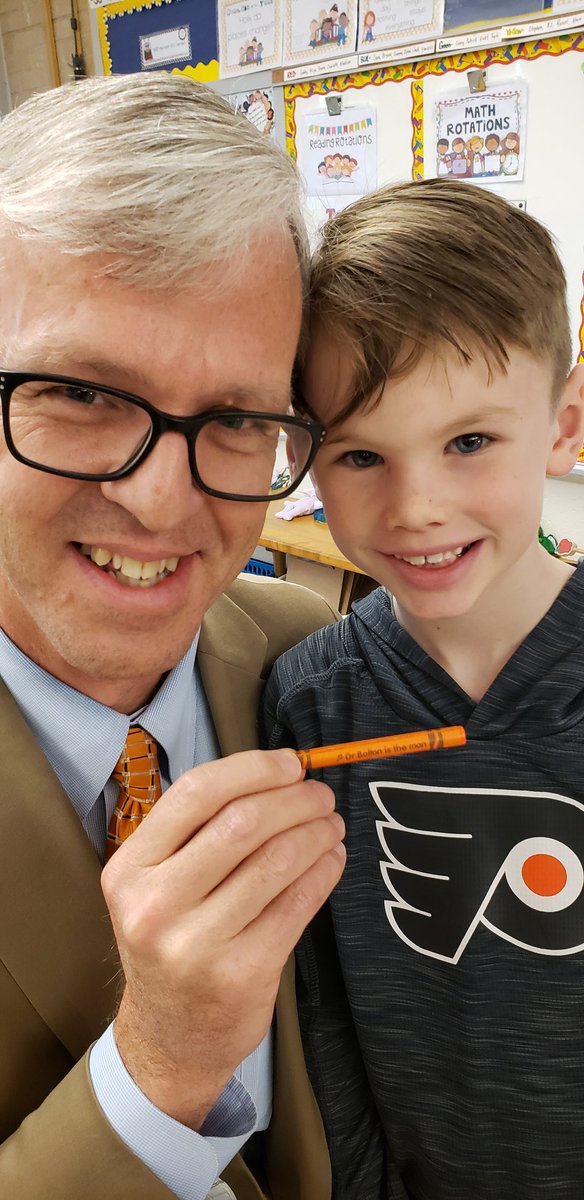 David_Bolton111's tweet photo. I have the best job! Today I got to meet Yanielis, who made me a card, Jack, who created a crayon named after me, and RJ, who wants to be a superintendent when he grows up! All in the same class! #pennridgeproud #happysuperintendent @PennridgeSD @GuthElementary https://t.co/MTQKpzClui
