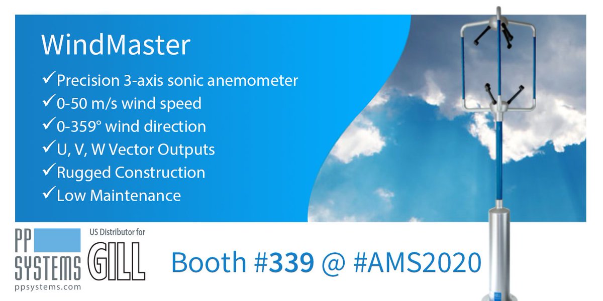 pp_systems's tweet photo. Check out the @gillinstruments WindMaster 3D #SonicAnemometer. Ideal for measuring #AirTurbulence around #bridges, buildings, #WindTurbine sites, #BuildingVentilation control systems, #meteorological & #flux measurement sites. Stop @ Booth #339 to talk solutions! #AMS2020 #AMS100 https://t.co/rr3OueP7EN