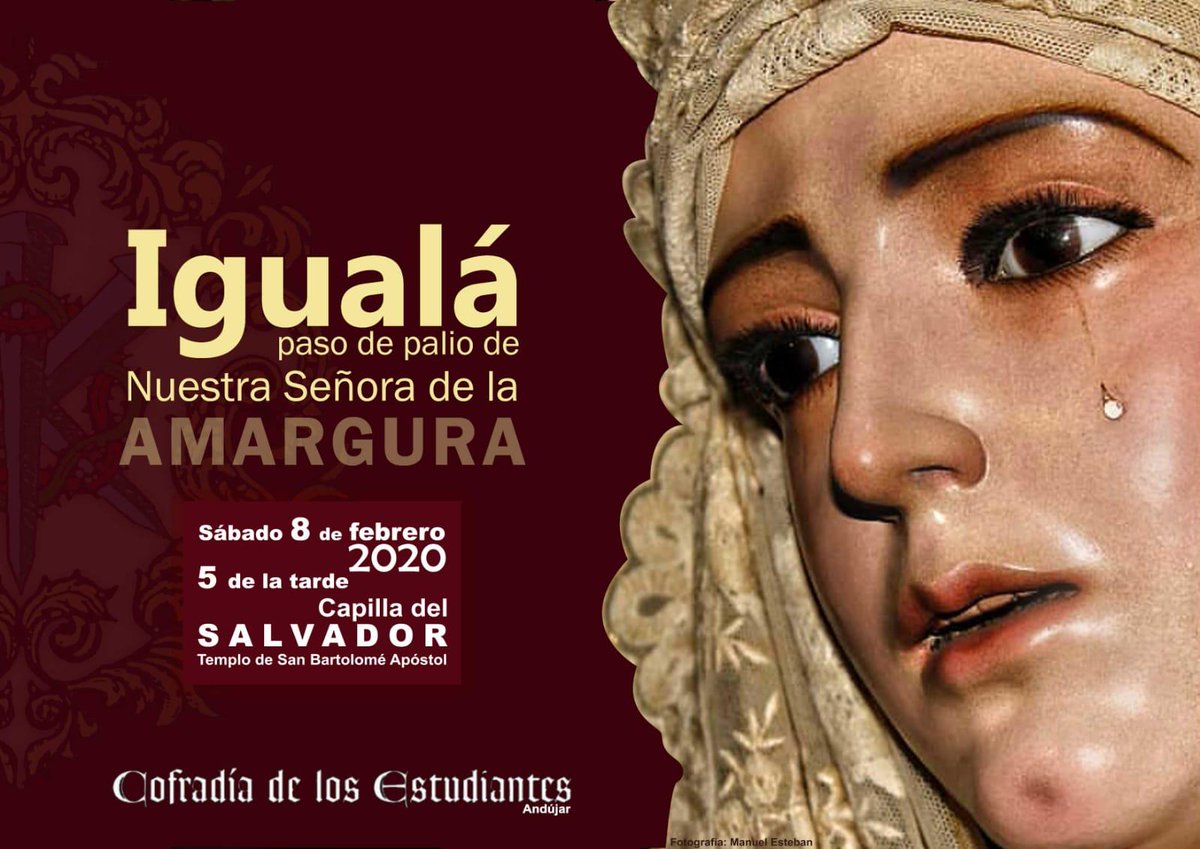 IGUALÁ DE NUESTRA SEÑORA DE LA AMARGURA

Cita Sábado 8 de Febrero a las 17:00 h. en la Capilla de El Salvador (San Bartolomé)