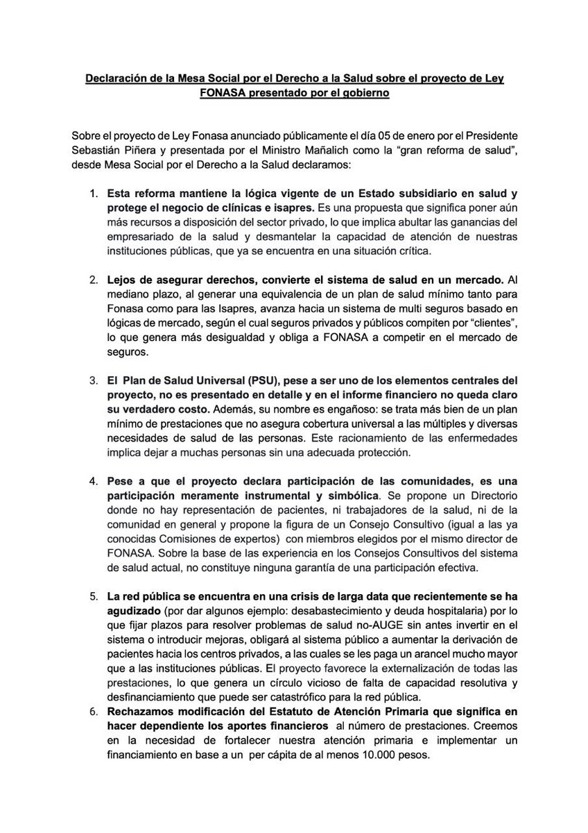 mesasocialsalud's tweet photo. Declaración rechazando la Reforma “Mejor Fonasa” presentada por el Ministerio de Salud. https://t.co/h3mTXsZ5jN