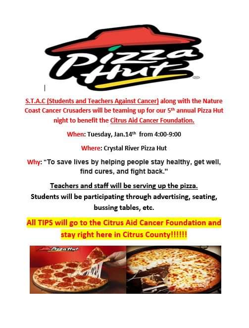 MrsMiller22's tweet photo. Remember to come out and support a great cause while eating pizza. Could there be anything better? Crystal River Pizza Hut tonight from 4-9. All tips go to local cancer patients. #untiltheresacure  #piratesuccess https://t.co/5SIXOx8yA7