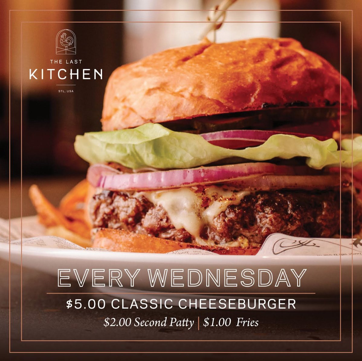 TheLastSTL's tweet photo. 🍔Every Wednesday 🍔Don't miss out on this deal! $5.00 Classic Cheeseburgers on Wednesday's. $2.00 for a second patty and $1.00 extra for fries! #EveryWednesday #Cheeseburger #TheLastKitchen https://t.co/FT83vxRRGt
