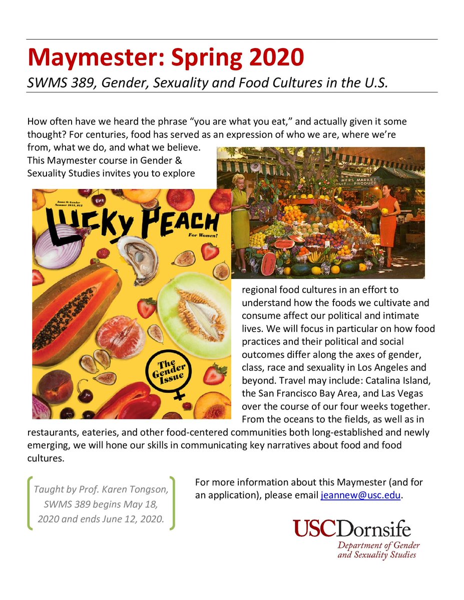 USC_GSS's tweet photo. The @USCDornsife Department of Gender and Sexuality Studies is offering a Maymester course for Spring 2020!
For more information about this Maymester (and for an application), please email jeannew@usc.edu
#USC #FightOn #USCTrojans #USCFightOn #FightOnUSC #TrojansUSC https://t.co/PvtG0AEtib