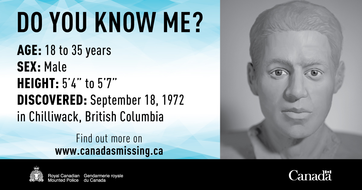 rcmpgrcpolice's tweet photo. Do you know me? I was discovered on September 18, 1972, in Chilliwack, British Columbia. I am thought to be between 18 and 35 years old at the time of my death. To learn more or submit a tip, visit: https://t.co/1tZ3jXUhnA #15Faces https://t.co/XR49WXLugH