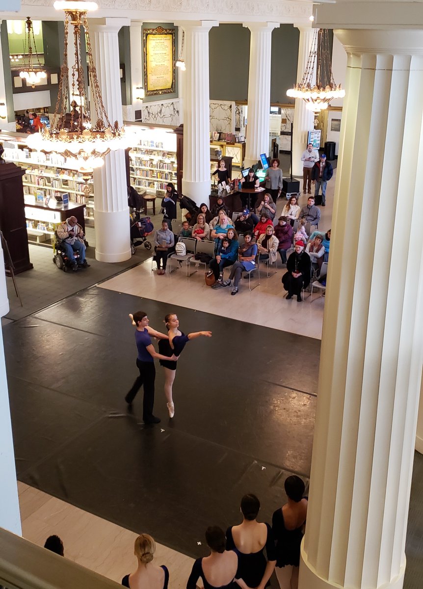 KCLibrary's tweet photo. Soutenu in the stacks! Thanks to the @kcballet for performing today at the Central Library. #ArtInLibraries https://t.co/lA3HxvUEAE