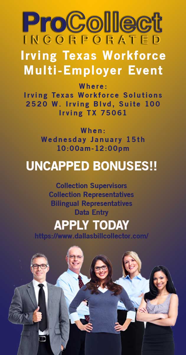 ProCollect_Jobs's tweet image. Come join us tomorrow at the Irving Texas Workforce Multi Employer Event. We will be there from 10am to 12pm, We will be hiring for Collection Reps, Bilingual Reps, Supervisors, and Data Entry Specialists.