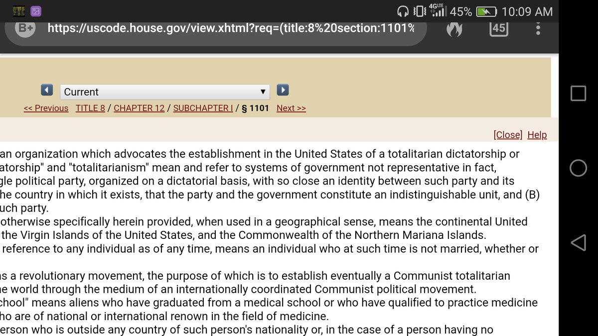 15)To look up Totalitarian Party at  http://uscode.house.gov  follow the images below. 1st image at the website type Title 8 and Section 1101. When you get to 2nd image. Scroll down to (37) and you will see Totalitarian Party.