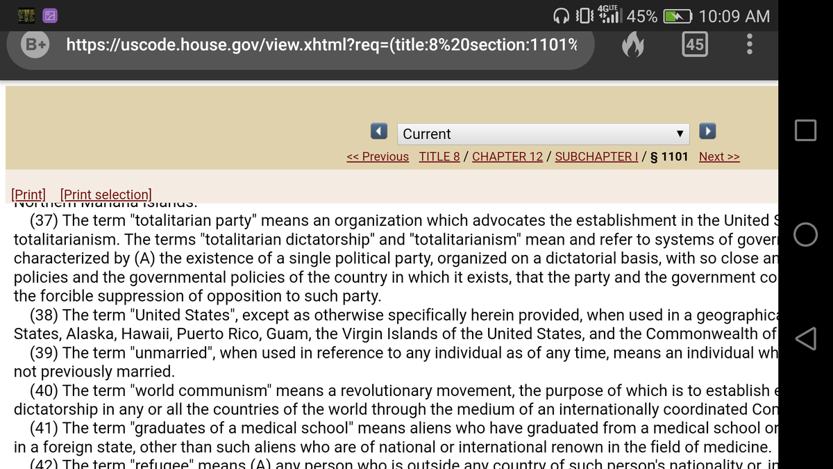 15)To look up Totalitarian Party at  http://uscode.house.gov  follow the images below. 1st image at the website type Title 8 and Section 1101. When you get to 2nd image. Scroll down to (37) and you will see Totalitarian Party.