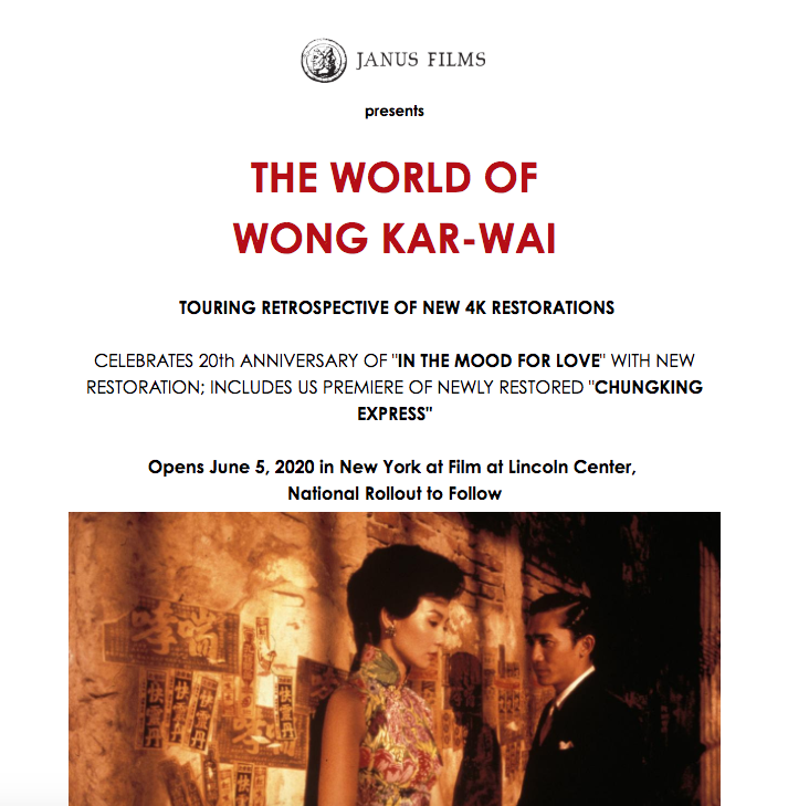 TheFilmStage's tweet photo. The World of Wong Kar-wai, a national touring retrospective featuring seven brand-new restorations of his films, begins June 5 at @FilmLinc, @janusfilms has announced. ❤️ https://t.co/Pz6P2RnSt7