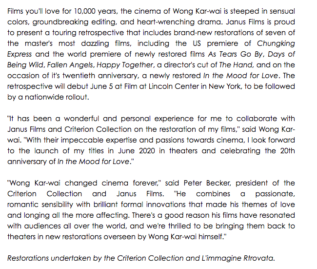 TheFilmStage's tweet photo. The World of Wong Kar-wai, a national touring retrospective featuring seven brand-new restorations of his films, begins June 5 at @FilmLinc, @janusfilms has announced. ❤️ https://t.co/Pz6P2RnSt7