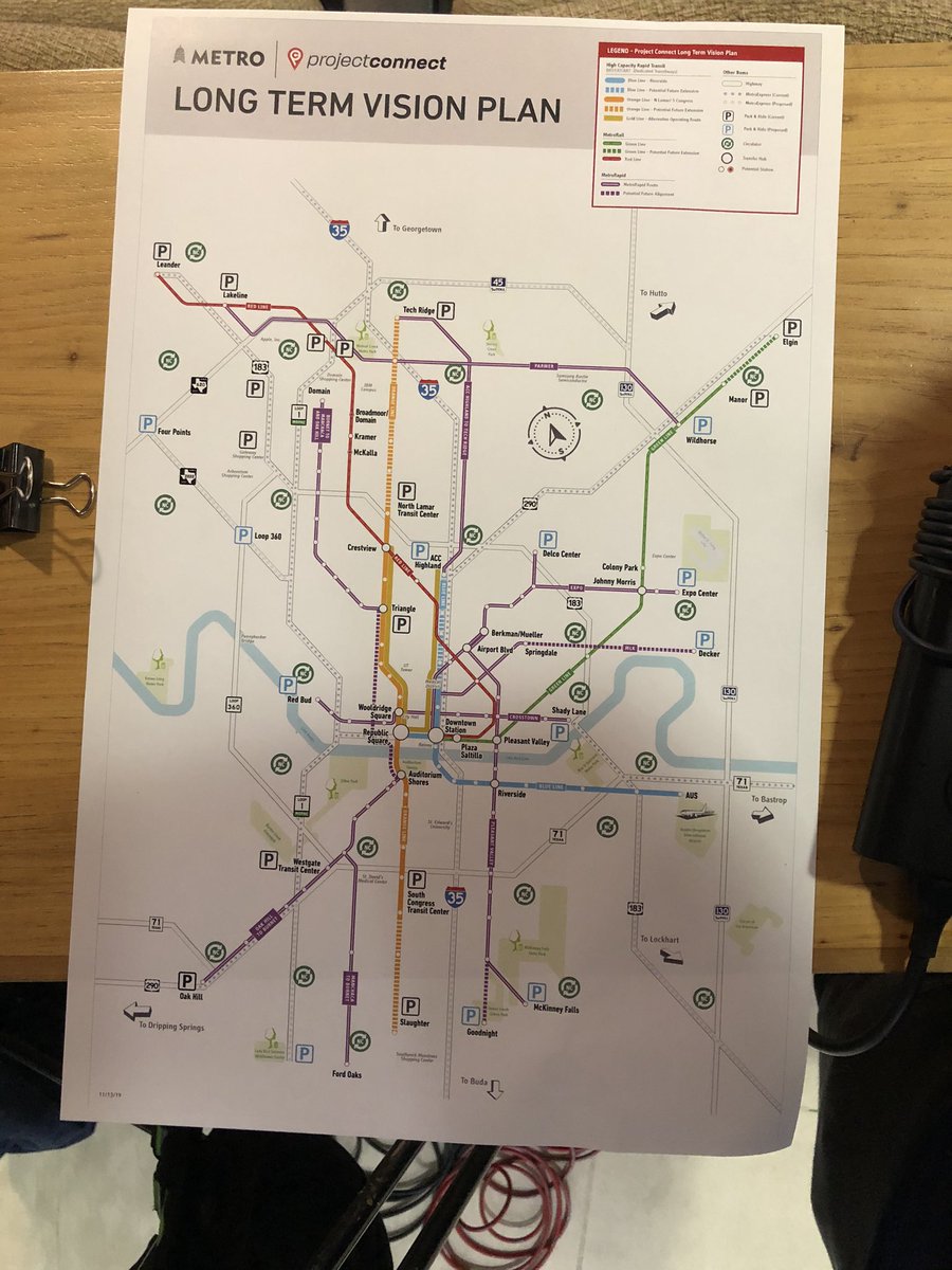 HcavagnaroNews9's tweet photo. The vertical photo is a look at what the city would have if every item on the long term vision plan happened. On the screen in the other photo is where CapMetro thinks the city could start with the new High Capacity Transit lines within the city of Austin right of way. @KVUE https://t.co/VDtuS2XhzS
