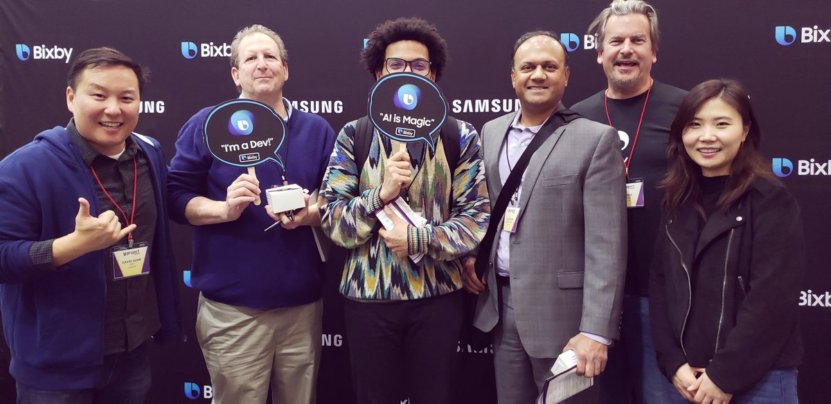 ProjectVoiceAI's tweet photo. Congratulations to the winners of the first #bixbydevelopers raffle. Stop by their booth Wed and Thurs to earn tickets and increase your chances to take home a @Samsung #SWAG bag. #projectvoice #samsung #galaxywatch #voicefirst #bixby https://t.co/limDRAFWlt
