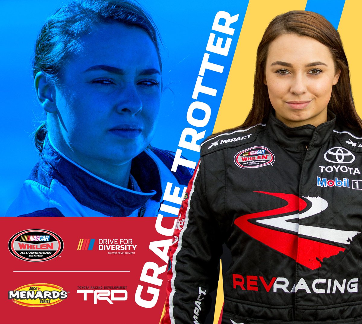 RevRacin's tweet photo. Gracie Trotter will run both a full late model session with Rev Racing and ARCA West season with @BMR_NASCAR racing in partnership with TRD. Help us congratulate her on this announcement! 

#NASCARD4D #ARCAWes https://t.co/gF5PW0IR8Z