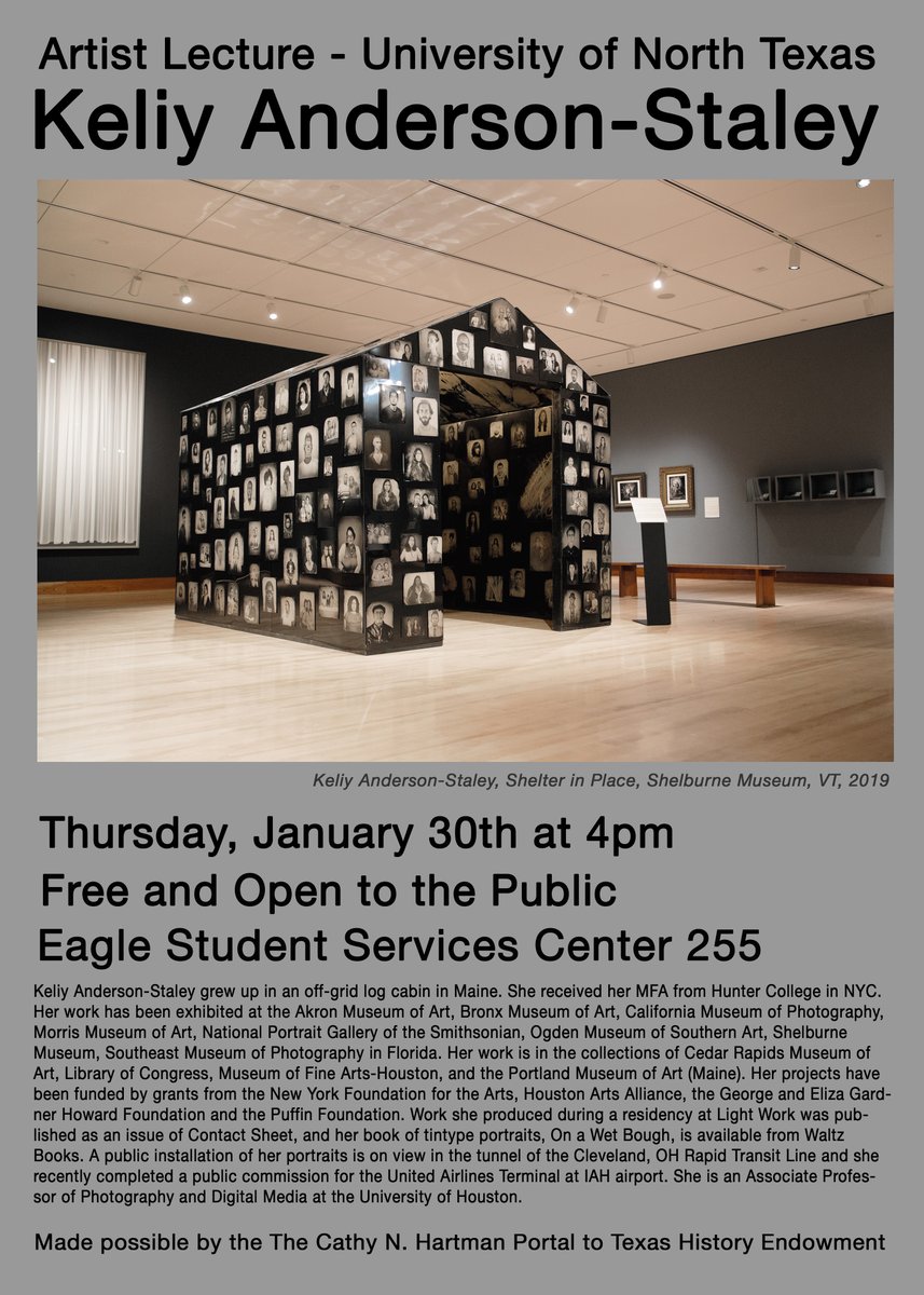 Join us Thursday, Jan. 30, 2020. 4:00pm to 5:00pm in the 
Eagle Student Services Center, Room 255 for a lecture by photographer Keliy Anderson-Staley (<a href="/KAndersonStaley/">Keliy AndersonStaley</a>)

library.unt.edu/events/2020/01…