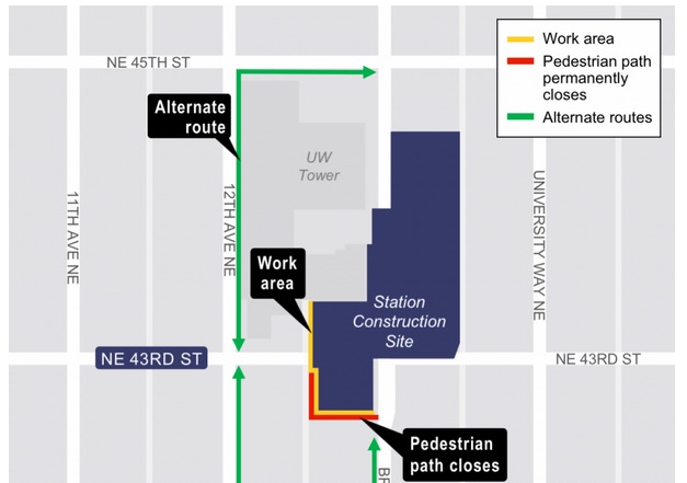 Pedestrians in the U District - please note that at the U District Light Rail Station, a walking path at the south end of the site is closing as early as 1/15. Find a map and details about alternate routes here: soundtransit.org/get-to-know-us…
