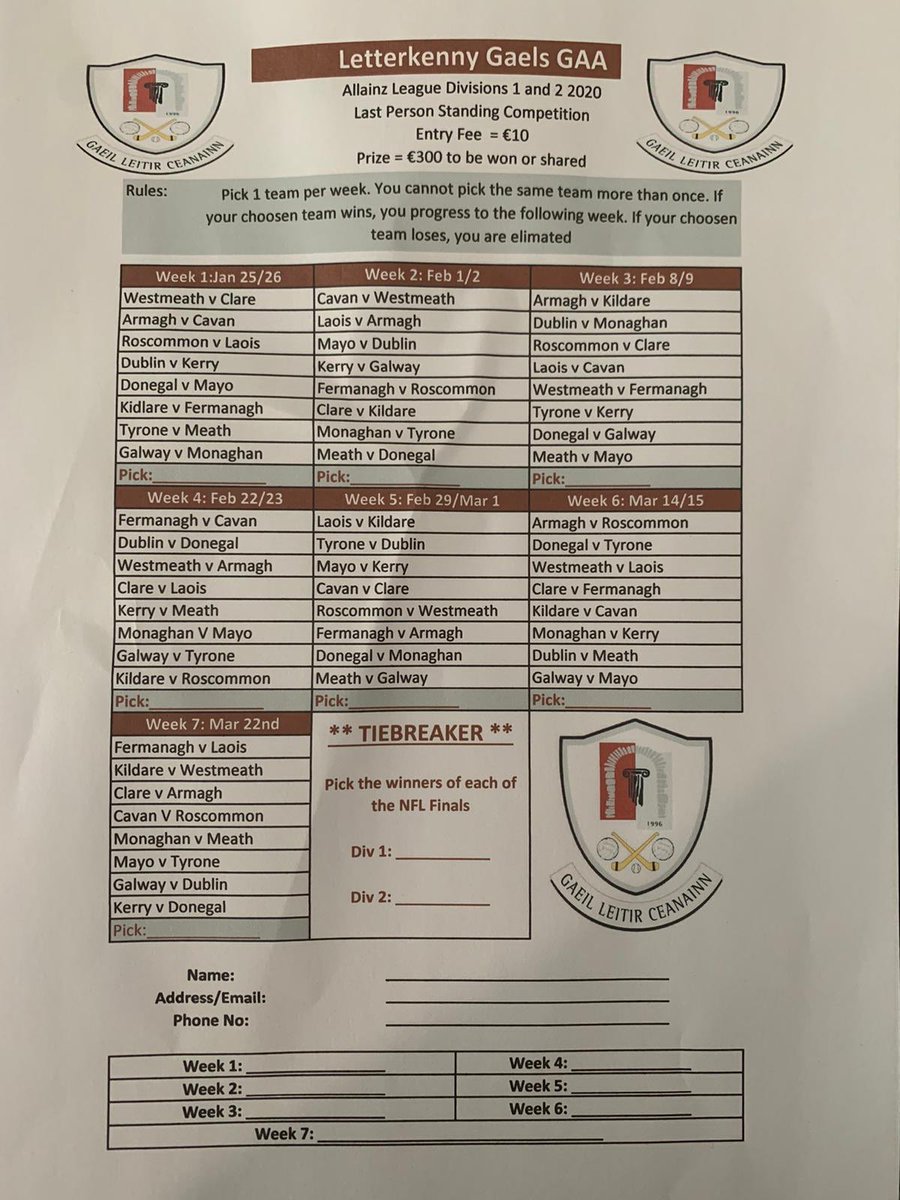 LetterkennyGael's tweet photo. Last Person Standing (Allianz Football Leagues)

The senior footballers are running a ‘Last Person Standing’ competition for the Allianz Division 1 &amp; 2 Football Leagues. To enter please contact Conor on 0868946979 or Cormac on 0863711640. 
Good luck. https://t.co/6UyshjTc8d