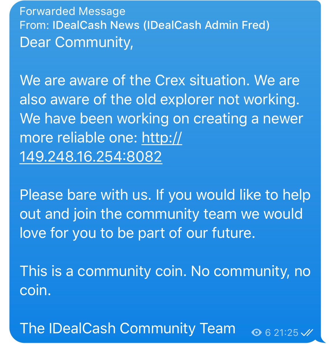 Hi Community!

Just a quick note below. We are working to fix our explorer: http://149.248.16.254:8082

Thanks

#IDealCash Team
$DEAL $DEALT