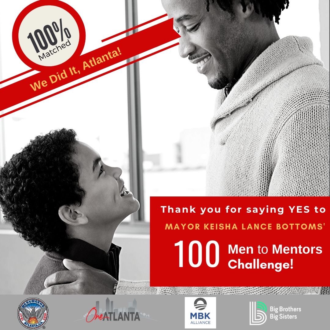 CityofAtlanta's tweet image. We did it, ATL! We have matched 100% of our "Little Brothers" with "Big Brothers" in the Atlanta community. Thank you for saying yes to Mayor @KeishaBottoms' #MenToMentorsChallengeATL! #OneAtlanta #BackToOurFuture