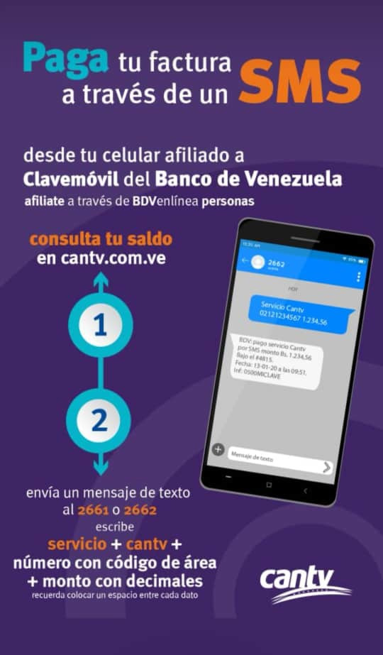 Mincyt_VE's tweet photo. La Compañía Nacional Teléfonos de Venezuela te ofrece un servicio alternativo que facilita tus operaciones diarias.

Ya puedes pagar tus facturas a través de un SMS. 

Recuerda que el canal @ContactoCantv está disponible para tus requerimientos y consultas.

#CantvLoHacePosible https://t.co/SlIKom0lPL