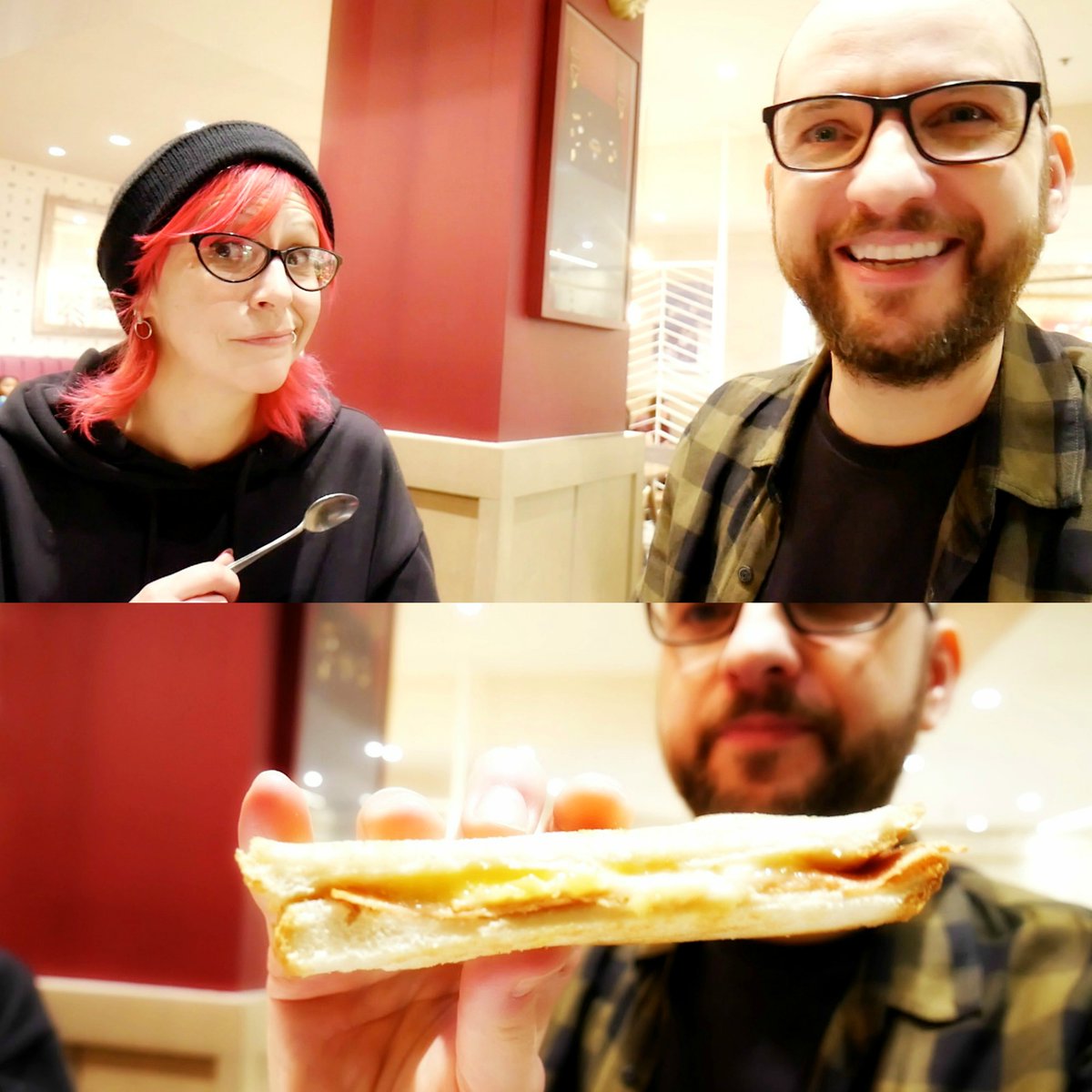 LDNVegans's tweet photo. Polly is back for good after her little break before Christmas! Tonight we had a good catch-up in @CostaCoffee (vlog drops tomorrow). Any excuse to try their Quorn ham and vegan cheese toastie! #ldnvegans #Veganuary2020 https://t.co/xThcJVgwnt