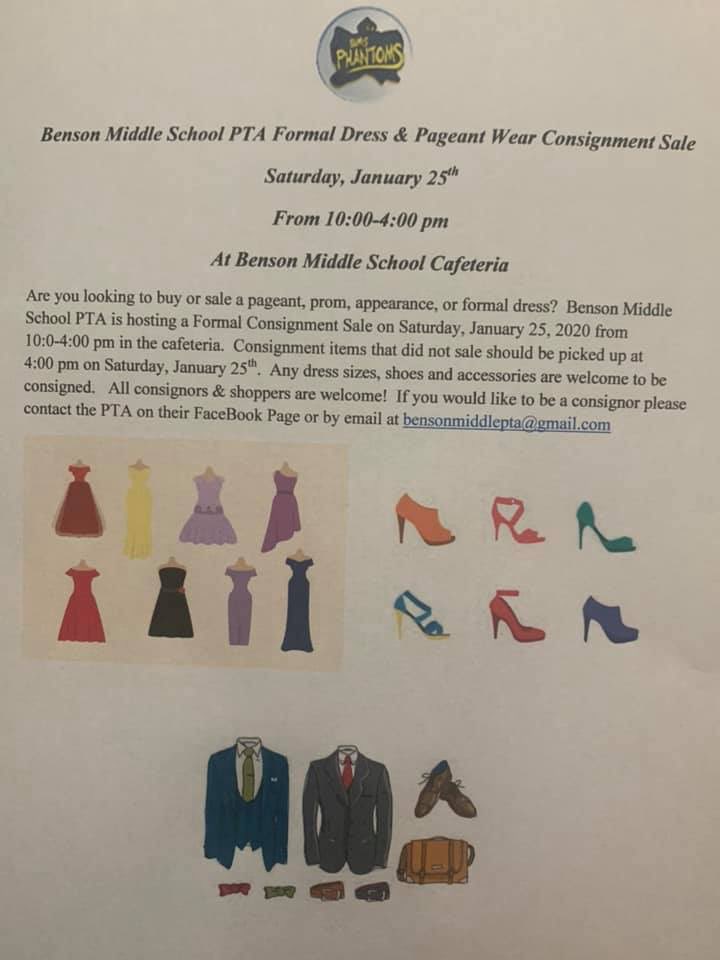 Benson Middle School PTA Formal Dress &amp; Pageant Wear Consignment Sale is Saturday, January 25th.  Do you want to be a Consignor?  There is a $10 Consignor Fee.  Benson Middle School PTA gets 20% . 

Thanks for your continued support!

GO PHANTOMS!💙💛
<a href="/benson_middle/">BensonMiddleSchool</a>