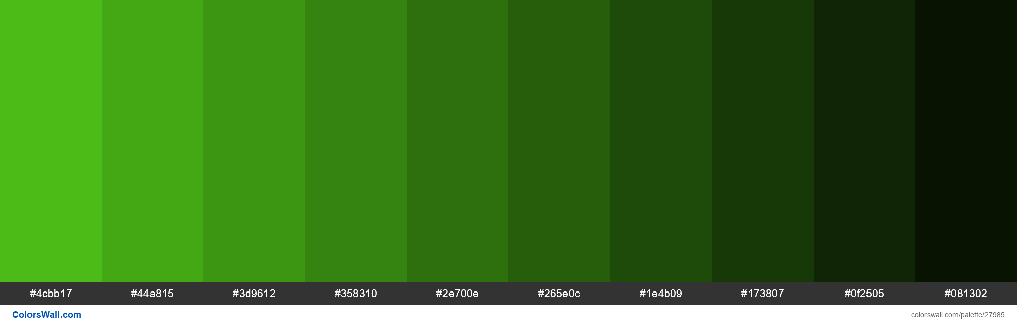 colorswall on X: Shades of Kelly Green color #4CBB17 hex #4cbb17, #44a815,  #3d9612, #358310, #2e700e, #265e0c, #1e4b09, #173807, #0f2505, #081302  #colors #palette   / X