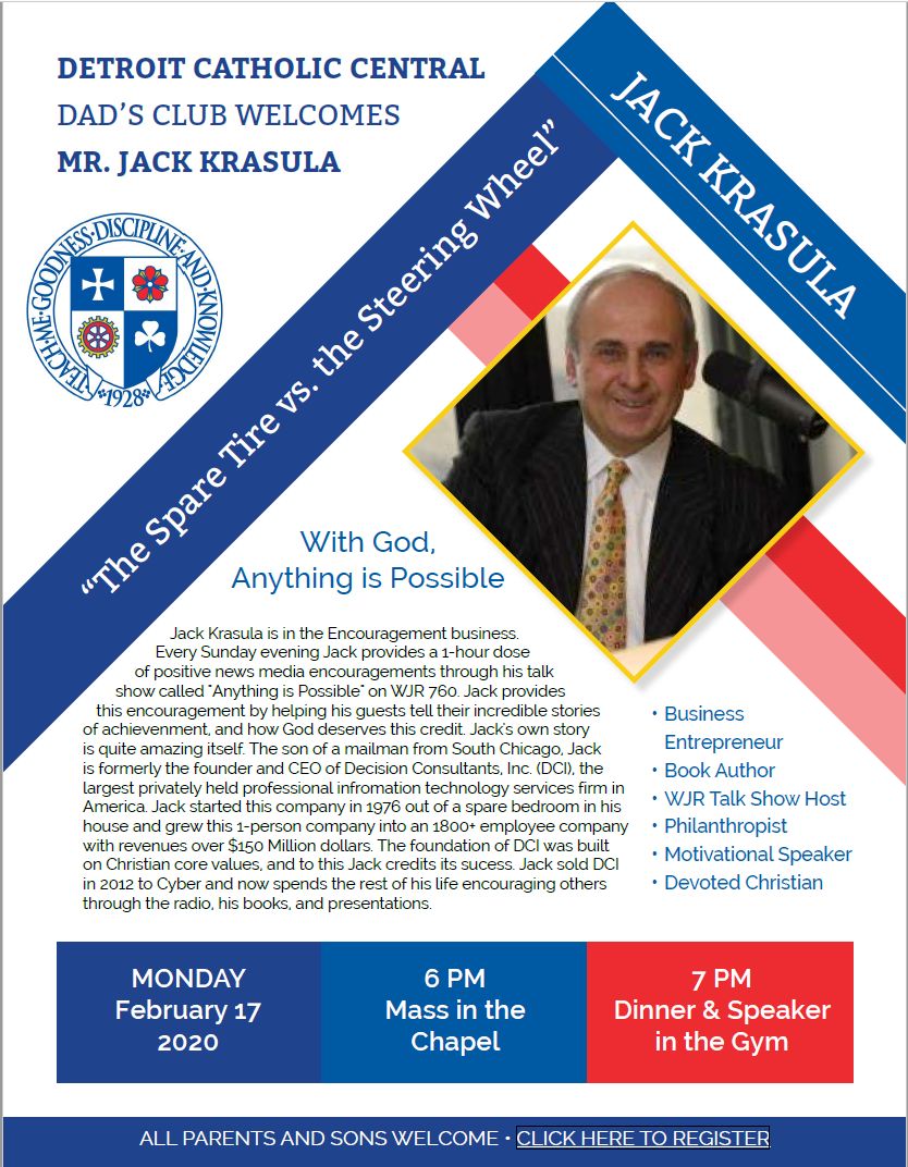 DCCDadsClub's tweet photo. Register today for our February DRIVE special event including Mass, dinner, and an inspirational message from WJR's Jack Krasula.  All are invited and welcome on Monday, February 17 at 6 PM. https://t.co/cdMKNnn02j #WheelNotTire #GoShamrocks #DRIVE2020 https://t.co/4IEEvSHE6v