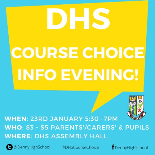 Mrs_Auld's tweet photo. @DennyHighSchool S3 - S5 parent & carer choice information evening. Including information stands about pupil pathways from @DennyHighMaths @EnglishDennyHS @dennyhigh_pe @dhs_ec @DennyHighDT @DennyComputing @MissMayDrama faculties and @FVCollege offerings ๐๐ผ#DHSCourseChoice https://t.co/LskJs39a92