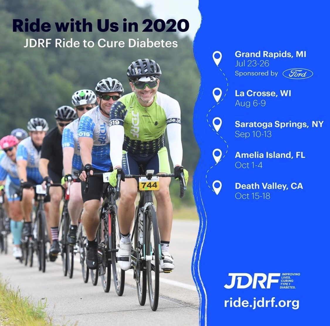 Registration for the 2020 JDRF Ride season opens at 12:00 pm TOMORROW via ride.jdrf.org. The Ride is one of JDRF’s fastest growing programs, raising over $50 million to date and bringing together thousands of people impacted by T1D to celebrate our search for a cure.