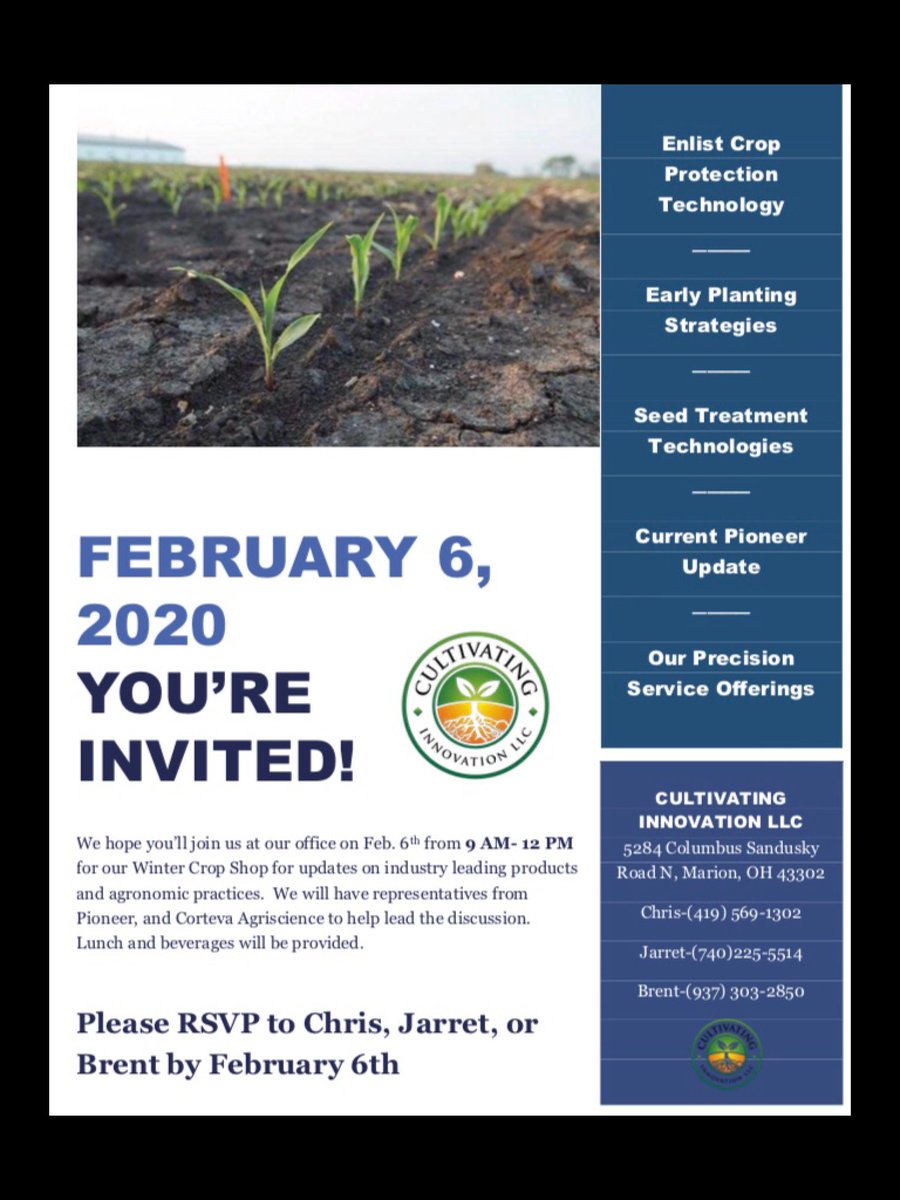 CultivatingInno's tweet photo. Join us on Feb. 6 for our Winter Crop Shop for updates on industry leading products and agronomic practices! https://t.co/NanrE5xt98