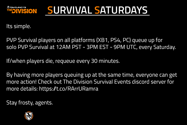 SplinterShields's tweet photo. Survival Saturday is coming - January 25th!

We're going back to the OG in NYC!
#TheDivision #TheDivision2 https://t.co/Zh2SrpquFO