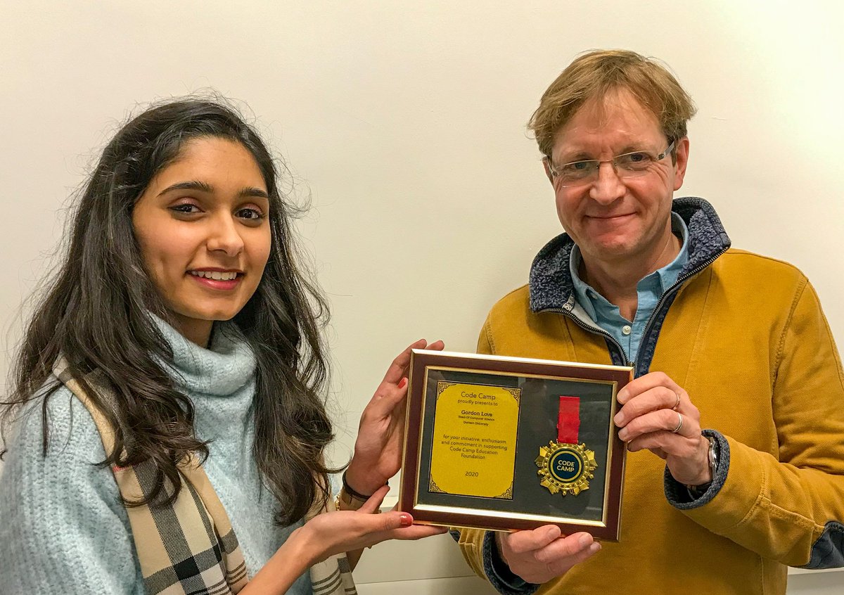 CodeCamp3's tweet image. Very delighted for Code Camp present this award to Professor @gordon_love, Head of Department, @comp_sci_durham, @durham_uni! Honoured to be working with him and the University 😊