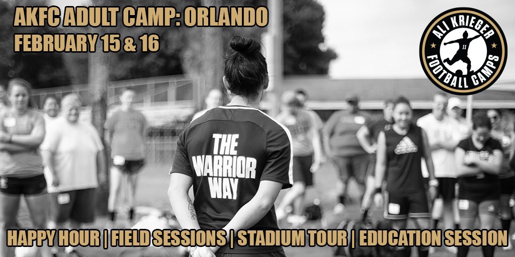 Our next AKFC Adult Camp will take place February 15-16 in Orlando! 🌞

It includes happy hour with Ali Krieger. And two field sessions…with Ali Krieger. And a stadium tour…with Ali Krieger. And much more! 💁🏻‍♀️

Register by Feb 3 for the early 🐦rate: alikrieger.com/akfc/