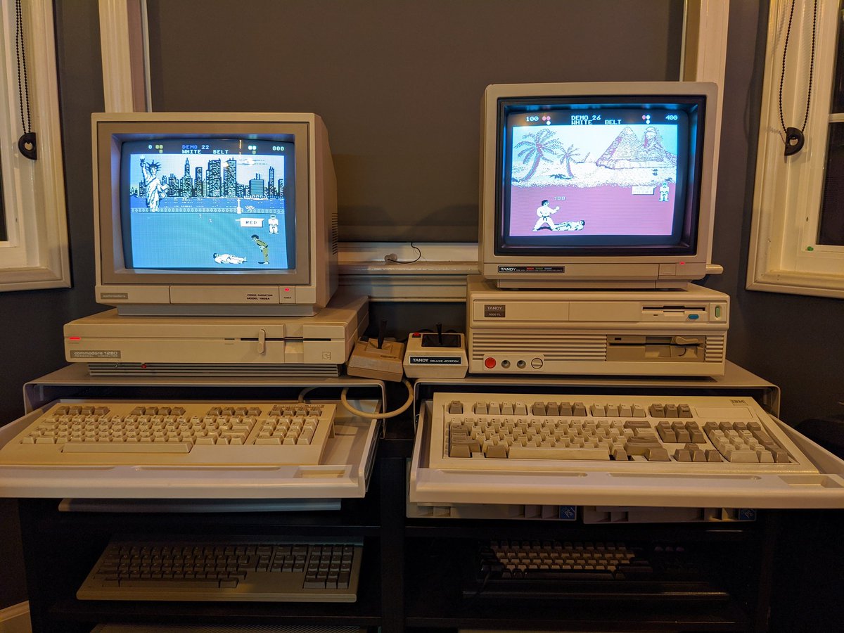 DaveJustDave's tweet photo. Who wore it better? #epyx karate championship on the #commodore128d on the left and #tandy1000TL on the right. The #commodore color palette looks so much nicer than 4 color CGA. #retropc #8bit #retrogaming #retrocomputer #tandy #msdos #c64 https://t.co/2F1LLOoaaO