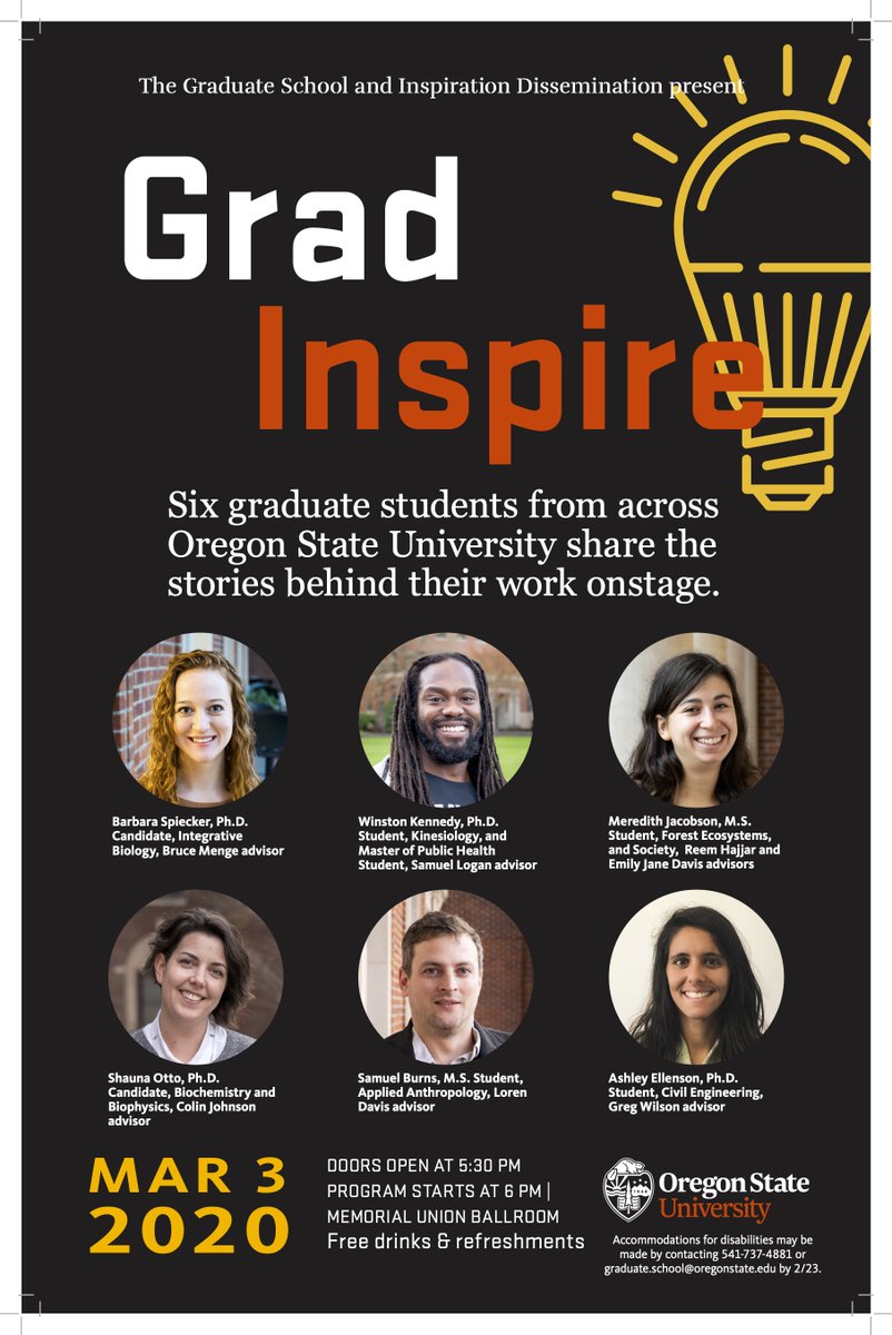kbvrID's tweet photo. @shonomercy @ulva_jelly @samuelrburns Join us March 3rd in the MU to watch six graduate students from across OSU share the stories behind their research on stage!
Doors open 5:30pm -- there will be food and beverages provided! #SciComm
@OSU_MU @osugradsuccess @OregonState https://t.co/KQ50IQPW48