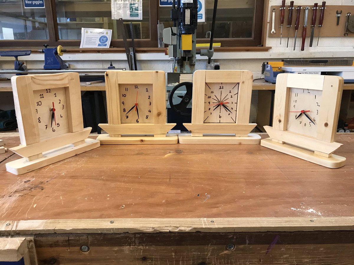 GCC_Technology's tweet photo. Some of the mantelpiece clocks produced by our LCA Construction and Graphics students before Xmas as part of the “woodcraft” module. Mortise and Tenon, Corner Bridle and Cross Halving joints were used to complete the project. Well Done to all involved 👏🏼 @GCCcork @technology_4 https://t.co/syOf9aNPwK