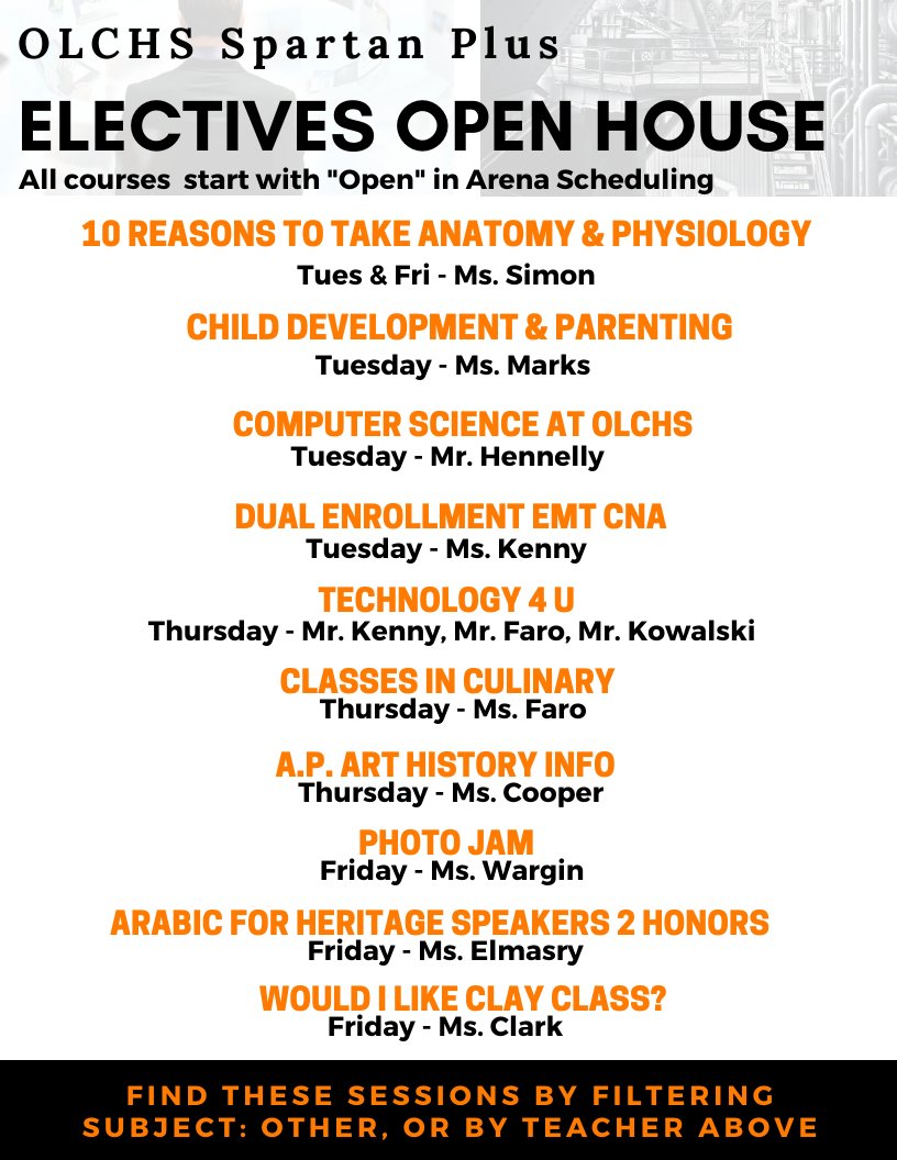 OLSpartanPlus's tweet photo. Frosh, Soph, Jrs - try out an elective before you choose it for next year! Electives Open House during Spartan Plus this week! #olchspride @olchsdaily https://t.co/Zl18td8Gg2