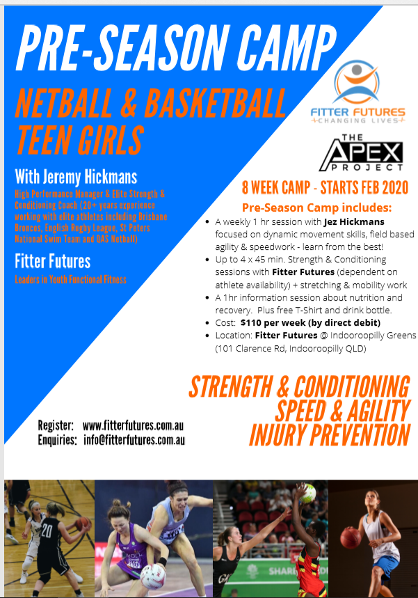 I will be running exclusive 8 Week Pre Season camps in conjunction with Fitter Futures for football codes and netball/basketball designed at improving speed, agility and injury resilience commencing Wed 19th Feb.
Numbers are limited: contact Sam on info@fitterfutures.com.au ASAP