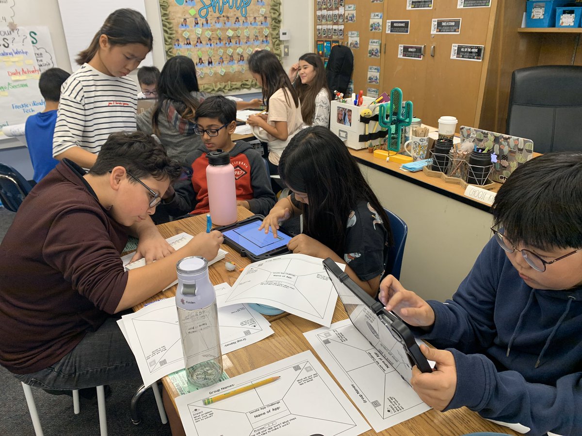 MrsSkoug5th's tweet photo. I love how our 5th graders are collaborating to solve the global issue of pollution by developing apps that encourage recycling using our passion for the environment. Can’t wait to showcase our innovation in the Senate App Challenge! @LagunaRoad #fsdlearns @FullertonSD https://t.co/g2o6wJFocS
