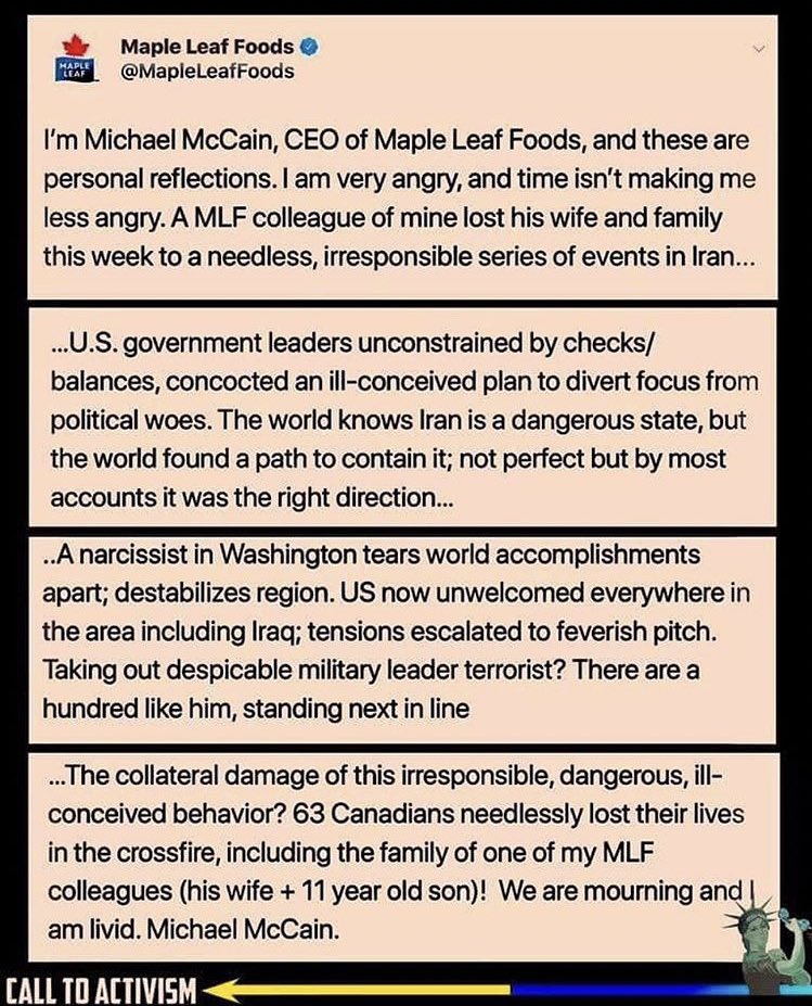 AlphaSkar's tweet photo. #MapleLeafFoods #MichaelMcCain
#IranPlaneShootdown #canadianliveslost
Even a millionaire in Canada detests #CriminalTrump and his #distractionwar. https://t.co/0whhj1o2eJ