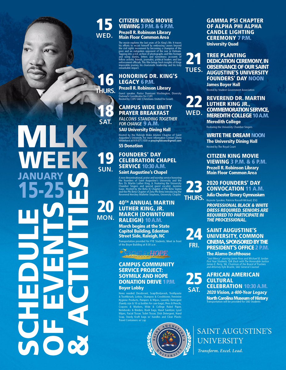 SAU_News's tweet image. SAU will be celebrating the life and legacy of Rev. Dr. Martin Luther King, Jr. January 15-25, 2020. Please see the flyer for details! 🐦💙✊🏾 #FalconPride #MLK #mlkweek2020