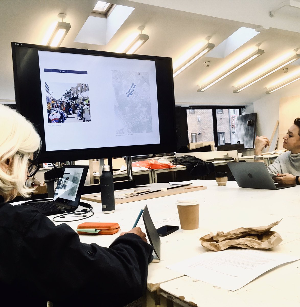 ArchiBarac's tweet photo. Mid year crit season - enjoyable conversations about #EastEnders in #Barking & #Dagenham with #Unit14 @TheCassArt with Pierre and Pereen d’Avoine, and guests Ros Diamond and Tony Swannell - this scheme rethinking gender dynamics with a new location for the #EastEndWomensMuseum https://t.co/GnsXb62mYw