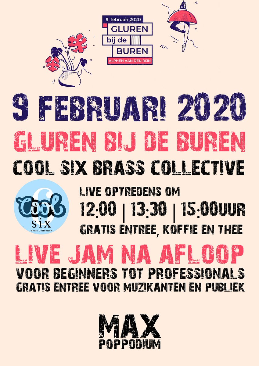 Stichting_MAX's tweet photo. Zet alvast in je agenda: 9 februari @gluren bij de buren, met Cool Six Brass Collective live on stage. Gratis entree, koffie &amp; thee! https://t.co/S6kOlQIHT3