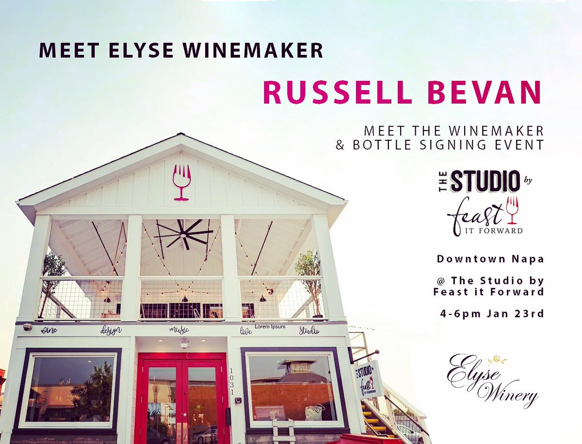 Team Elyse and our winemaker Russell Bevan will be at <a href="/FeastitForward/">FeastitForward</a> Studio in downtown NAPA Jan 23rd for bottle signing. See you there! 👋