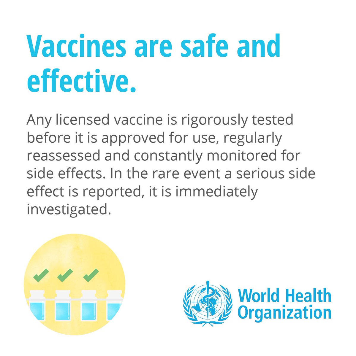 Q: Are vaccines safe?

A: #Vaccines are very safe. All licensed vaccine are rigorously tested across multiple phases of trials before they are approved for use, and are continuously monitored to assure ongoing safety and effectiveness 

bit.ly/2Nrj1JU #VaccinesWork