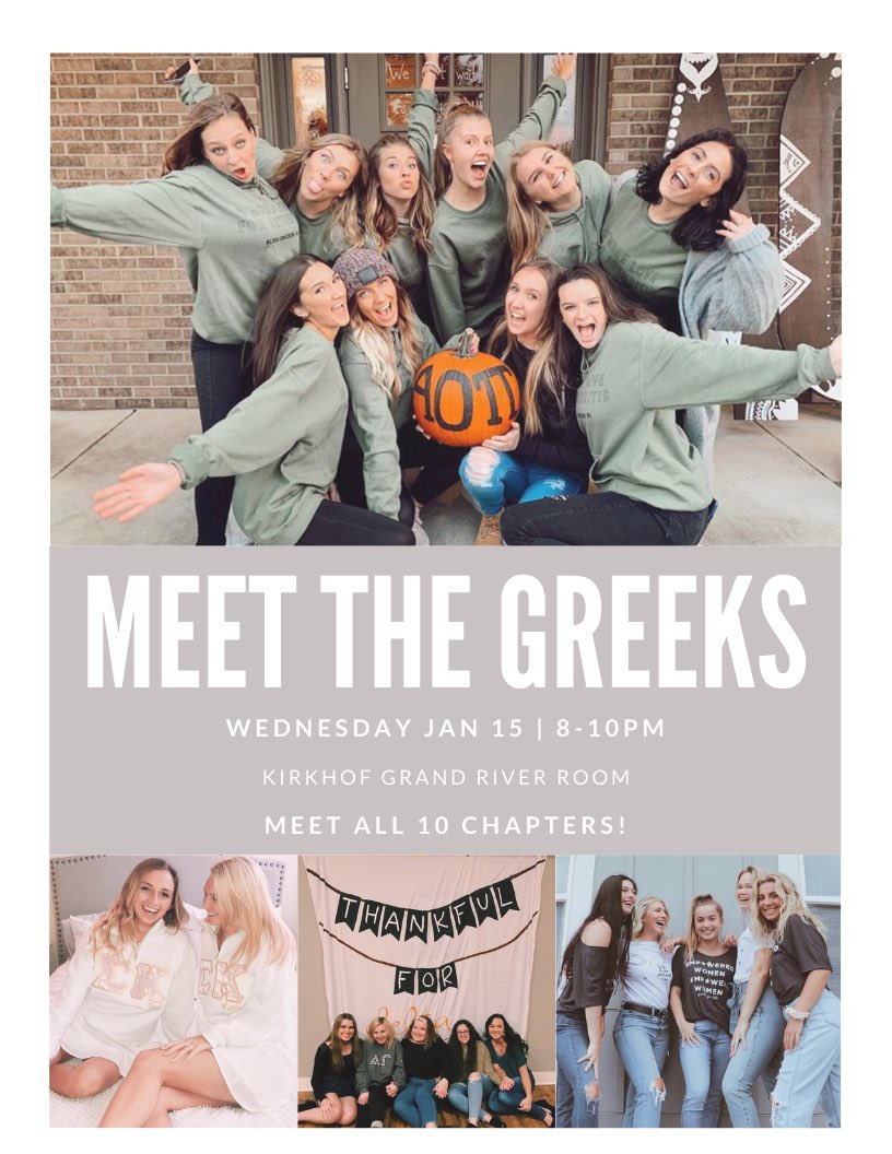Make sure to set a reminder for Meet the Greeks tomorrow!! Come and go at any point during this event! All of the chapters are so excited to talk to you about Greek life/our Panhellenic community ⭐️💓